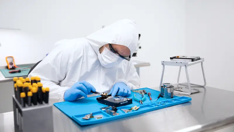 Technicien en combinaison de salle blanche ISO 5 intervenant sur un disque dur ouvert
